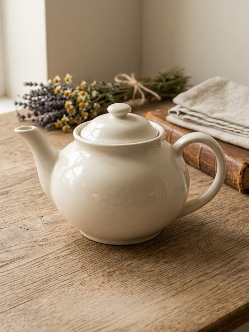 Vintage Off White Glossy Ceramic Teapot 6" Cottagecore Farmhouse Tea Party